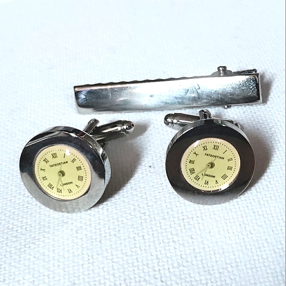 NEW Cufflinks: *London Watch - Clock* with Tie Bar! Stainless Steel. Bullet Back - Picture 5 of 5